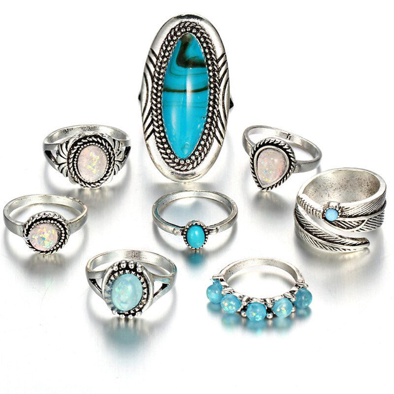 Women Set of 8 Silver Plated Turquoise Contemporary Finger Ring - MySmartBazaar