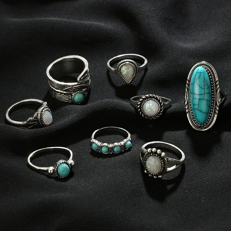 Women Set of 8 Silver Plated Turquoise Contemporary Finger Ring - MySmartBazaar