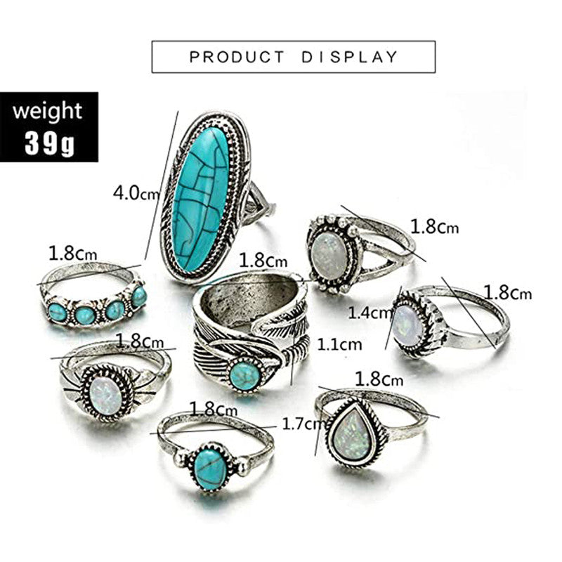 Women Set of 8 Silver Plated Turquoise Contemporary Finger Ring - MySmartBazaar
