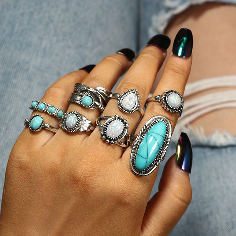 Women Set of 8 Silver Plated Turquoise Contemporary Finger Ring - MySmartBazaar