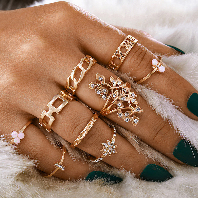 Gold Plated Contemporary Stackable Rings Set of 9 - MySmartBazaar