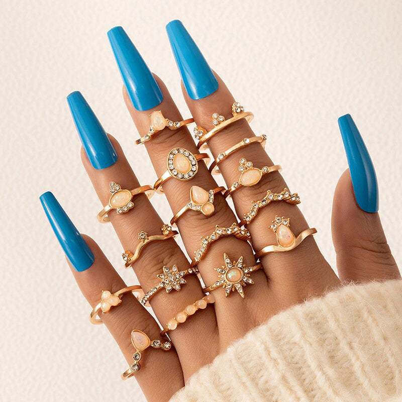 Women Set of 16 Contemporary Gold-Plated Finger Rings - MySmartBazaar