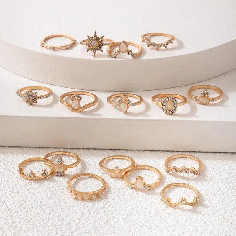 Women Set of 16 Contemporary Gold-Plated Finger Rings - MySmartBazaar