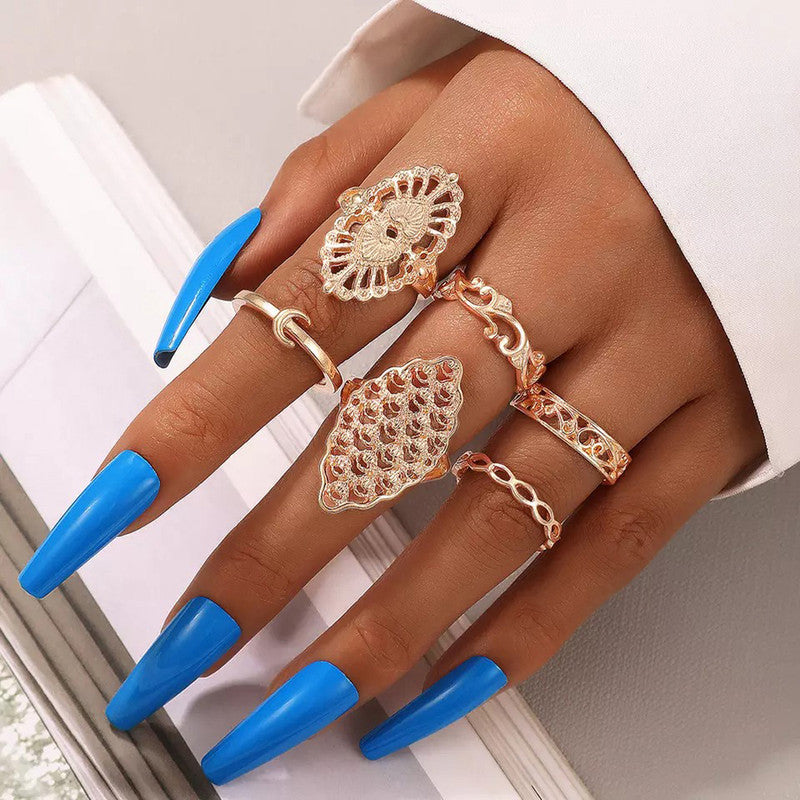 Women Cocktail Set of 6 Gold Plated Contemporary Finger Ring - MySmartBazaar