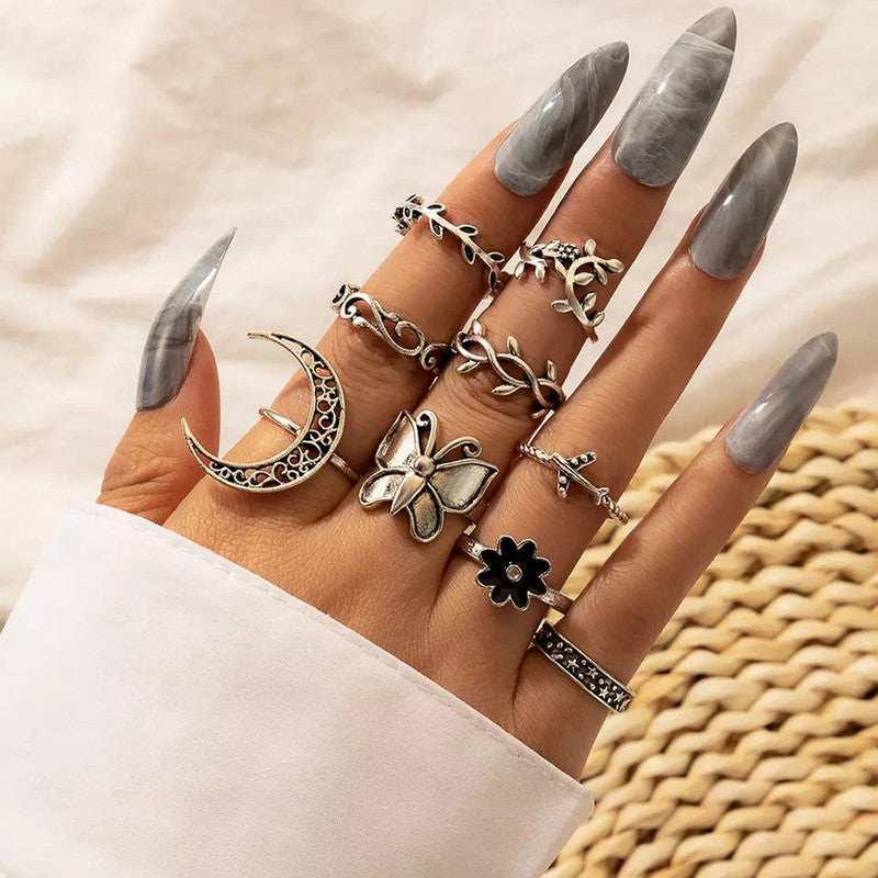 Women Silver Plated Contemporary Stackable Rings Set of 9 - MySmartBazaar