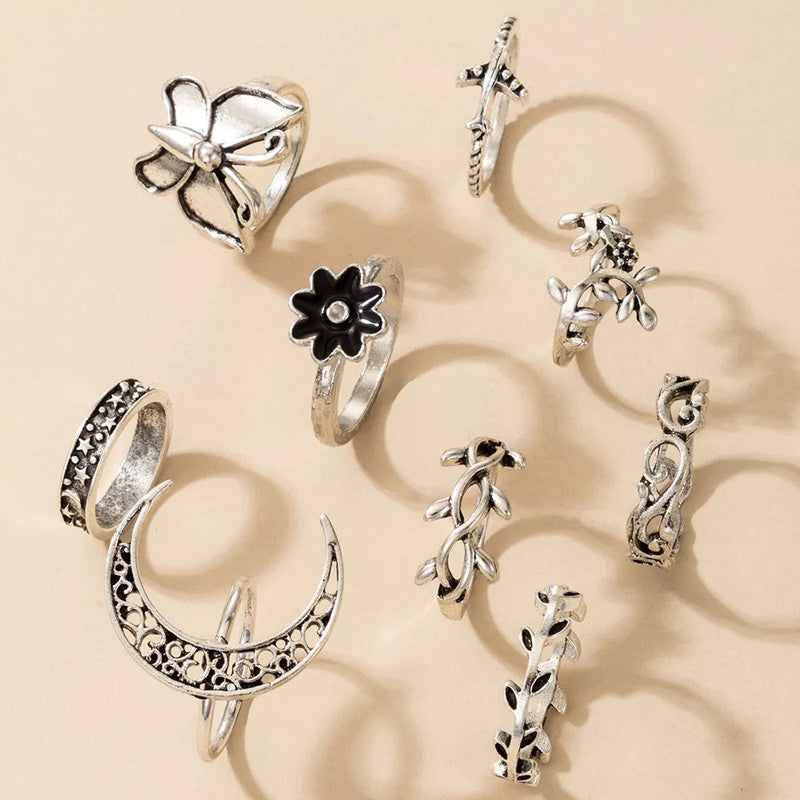 Women Silver Plated Contemporary Stackable Rings Set of 9 - MySmartBazaar