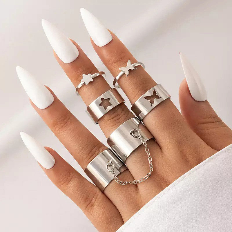 Set of 6 Silver-Plated Adjustable Finger Ring For Women - MySmartBazaar