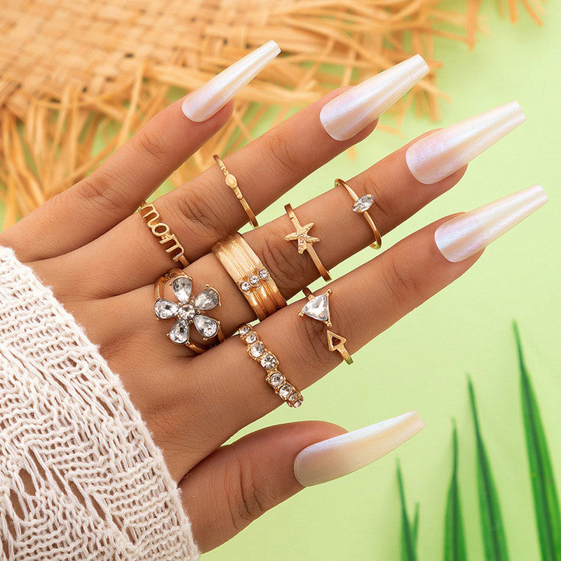 Women Set of 8 Gold Plated Adjustable Mom Floral Finger Ring - MySmartBazaar
