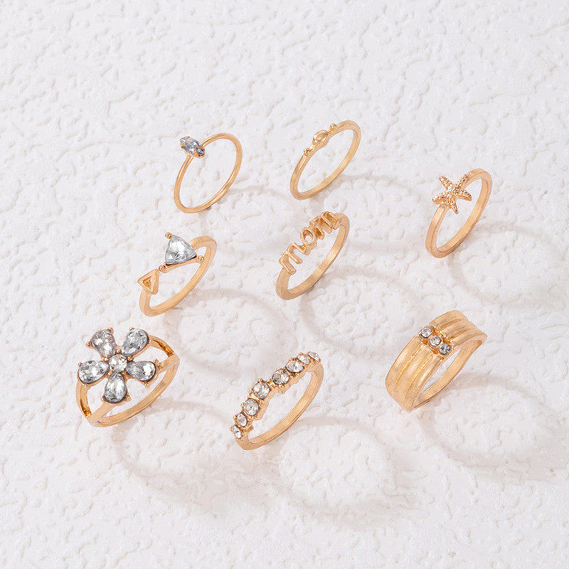 Women Set of 8 Gold Plated Adjustable Mom Floral Finger Ring - MySmartBazaar