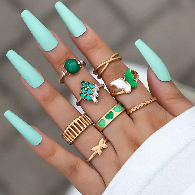 Gold Plated Green Butterfly Inspired Stackable Rings Set of 8 - MySmartBazaar