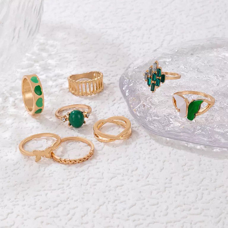 Gold Plated Green Butterfly Inspired Stackable Rings Set of 8 - MySmartBazaar