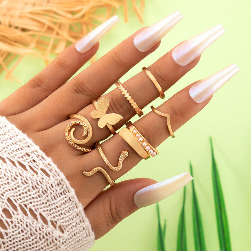 Gold Plated Gold-Toned Butterfly-Snake Inspired Stackable Rings Set of 7 - MySmartBazaar