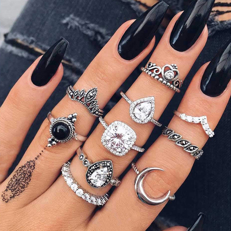 Silver Plated Set of 10 Stone studded Stackable Rings Set For Women and Girls - MySmartBazaar