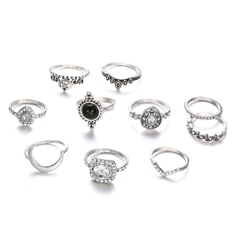 Silver Plated Set of 10 Stone studded Stackable Rings Set For Women and Girls - MySmartBazaar