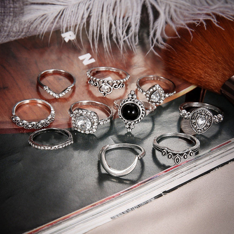 Silver Plated Set of 10 Stone studded Stackable Rings Set For Women and Girls - MySmartBazaar