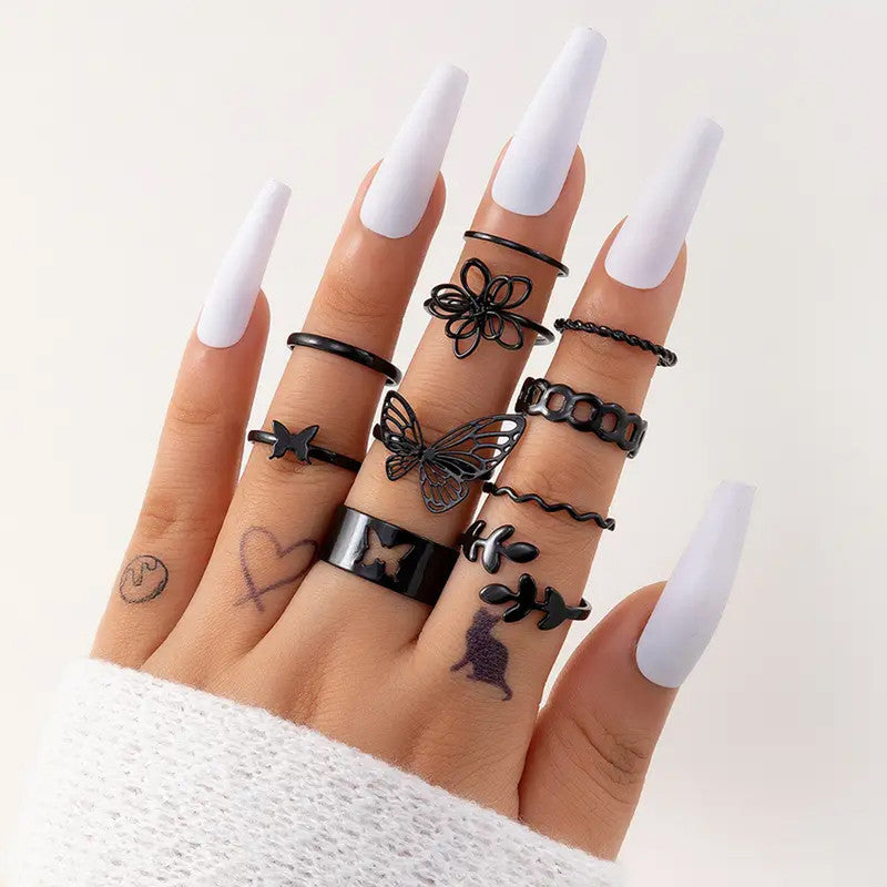 Black Silver Plated Stackable Rings (Pack of 10) - MySmartBazaar