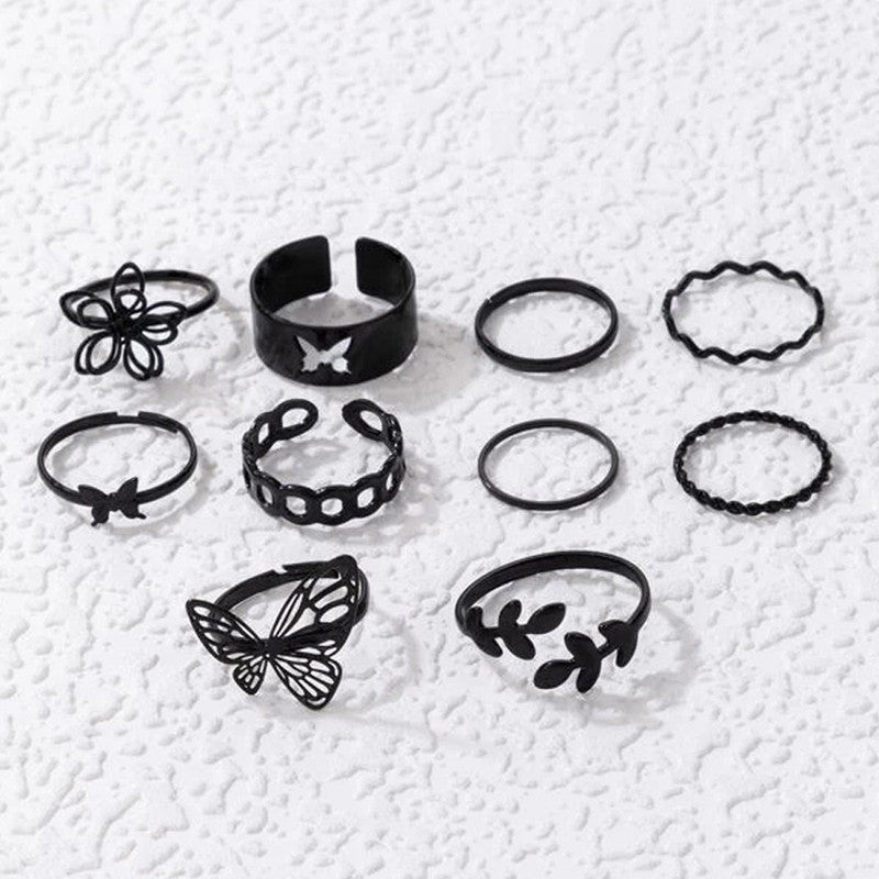 Black Silver Plated Stackable Rings (Pack of 10) - MySmartBazaar