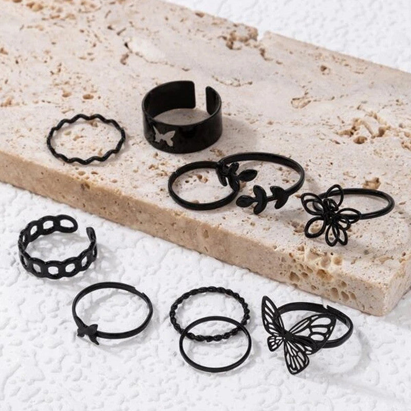 Black Silver Plated Stackable Rings (Pack of 10) - MySmartBazaar