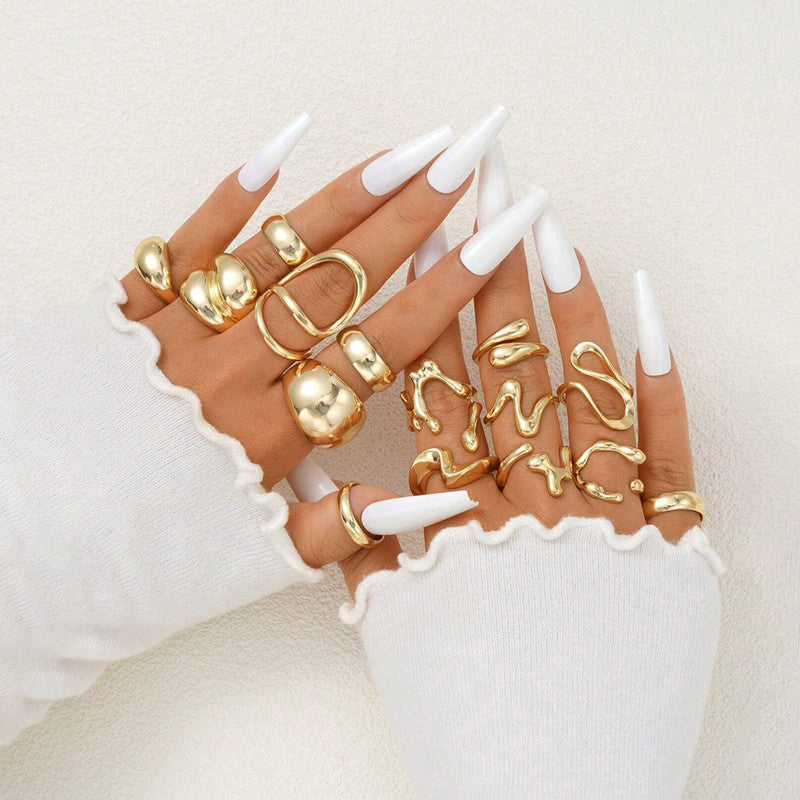 Trending Asymmetrical Gold Plated Set of 15 Stackable Finger Rings - MySmartBazaar