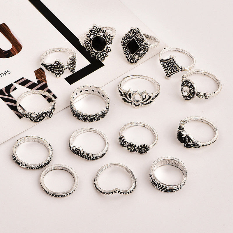 Stylish Vintage Floral Designs Silver Plushy Rings Set of 15 Mixed Sizes For Women - MySmartBazaar