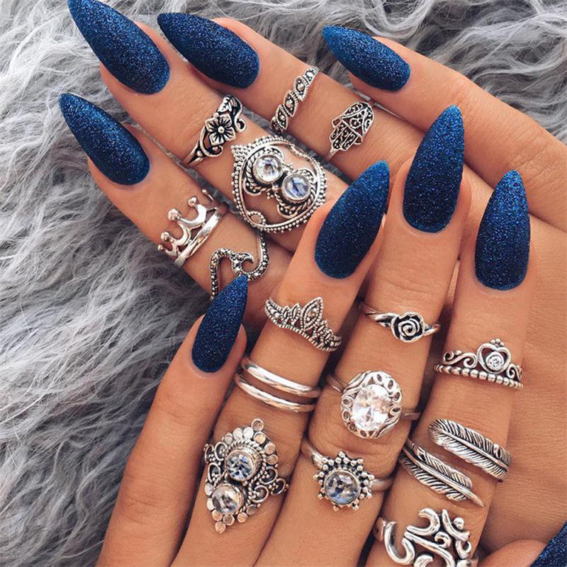 Trendy Floral Crown Multi Designs Silver Rings Set of 15 Mixed Sizes For Women - MySmartBazaar