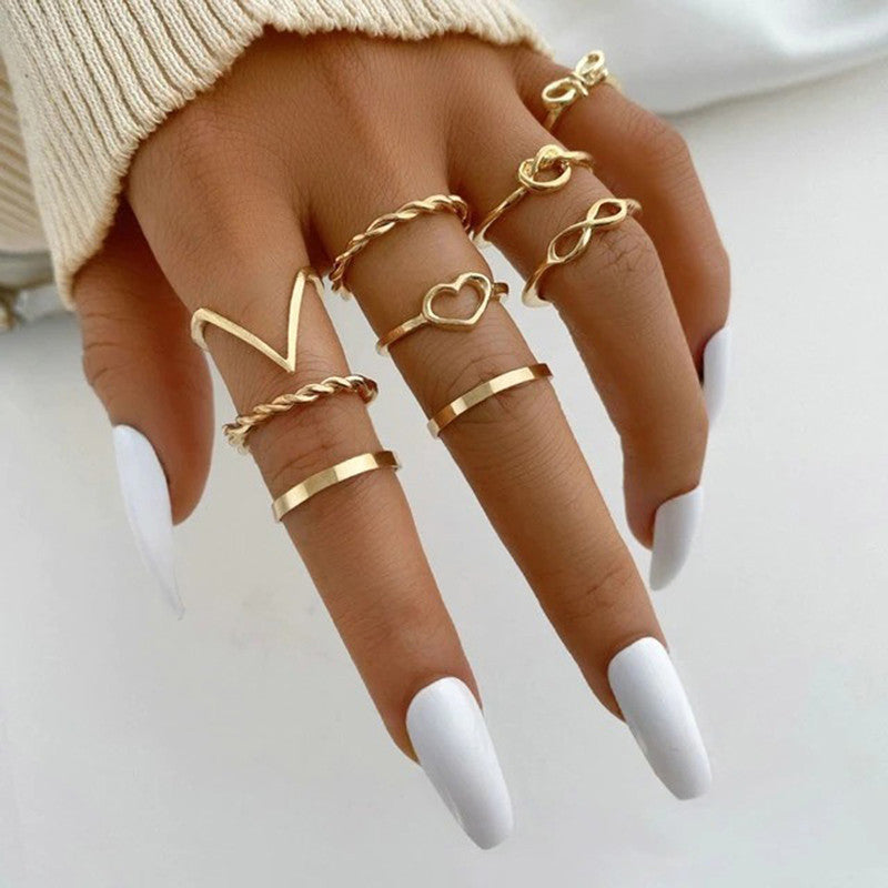 Splendid Heart Note Multi Designs Gold Plated Rings Set of 9 Mixed Sizes For Women - MySmartBazaar