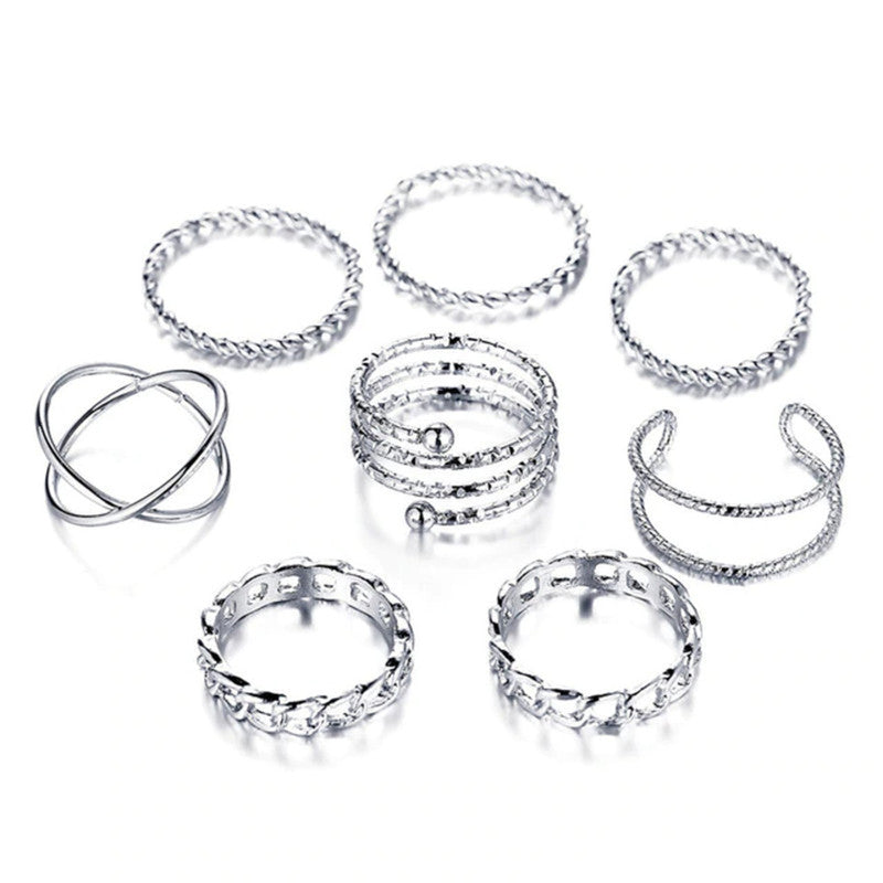 Exclusive Multi Designs Silver Plated Magnificent Rings Set of 8 For Women - MySmartBazaar