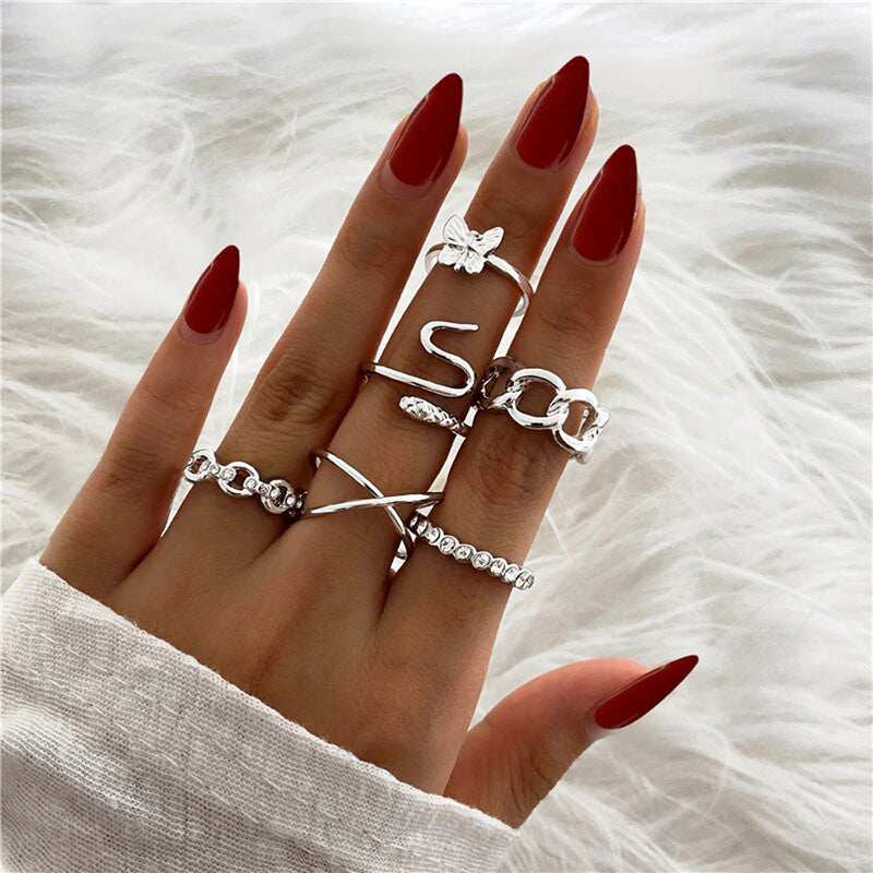 Silver Plated Snake inspired Contemporary Chain Rings Set of 6 For Women - MySmartBazaar