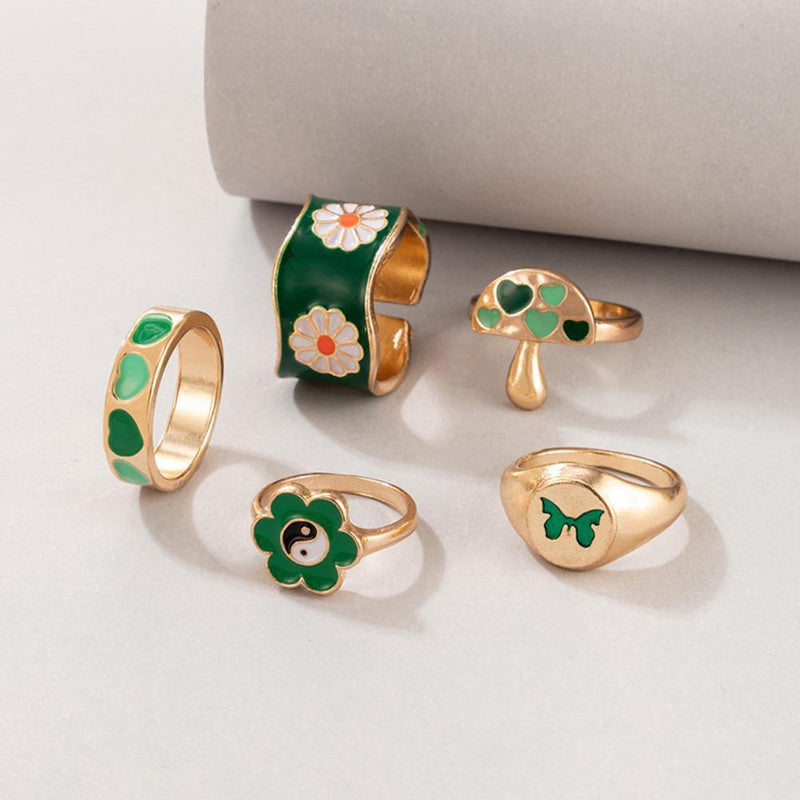 Gold Plated Green Rings Set of 5 For Women - MySmartBazaar