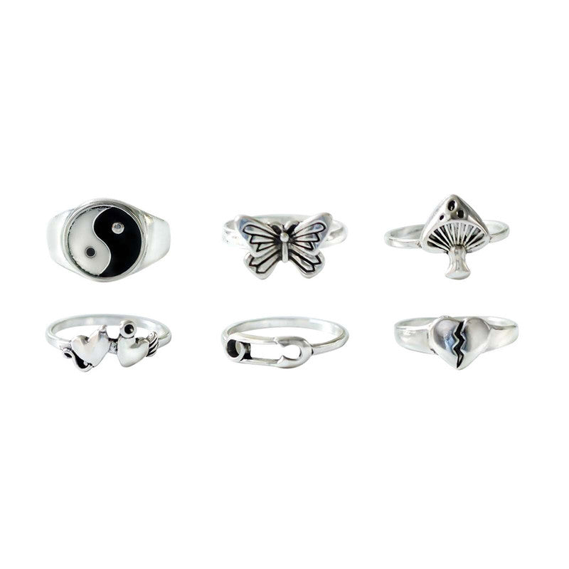 Silver-Plated Silver-Toned  Rings Set of 6 For Women - MySmartBazaar