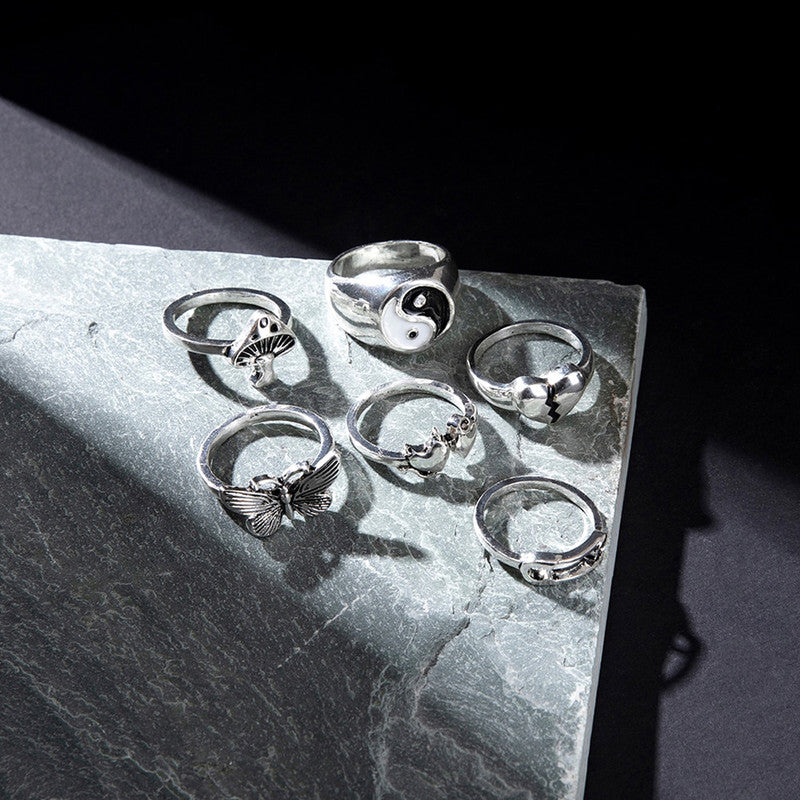 Silver-Plated Silver-Toned  Rings Set of 6 For Women - MySmartBazaar