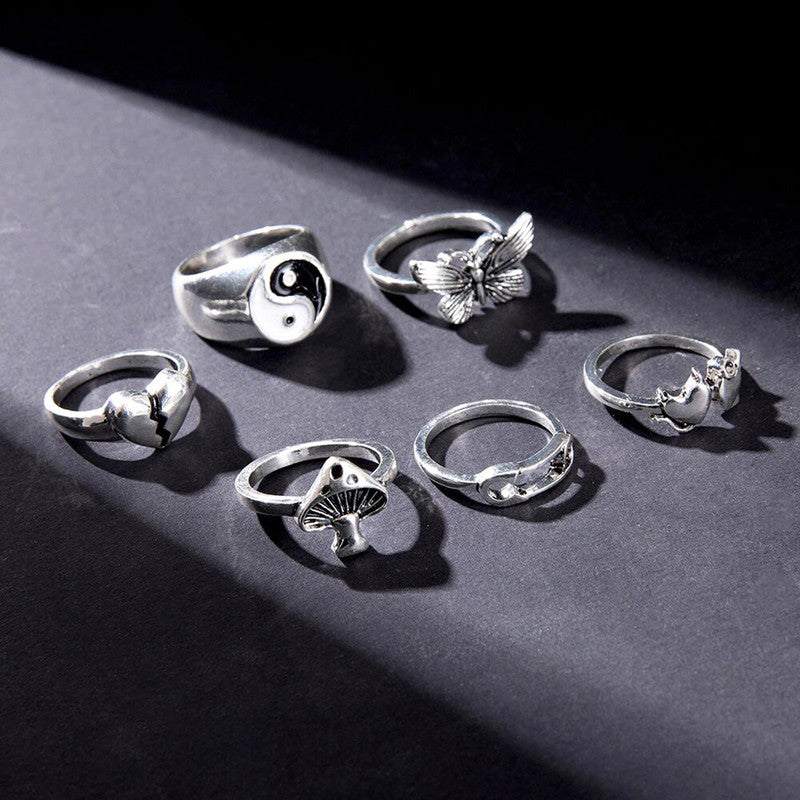Silver-Plated Silver-Toned  Rings Set of 6 For Women - MySmartBazaar