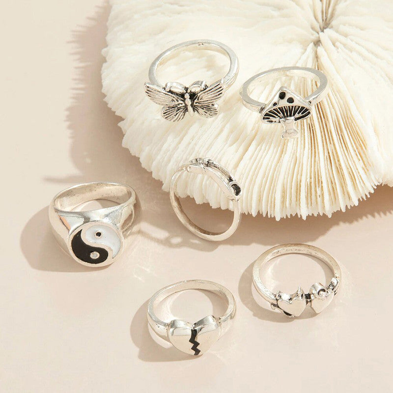 Silver-Plated Silver-Toned  Rings Set of 6 For Women - MySmartBazaar
