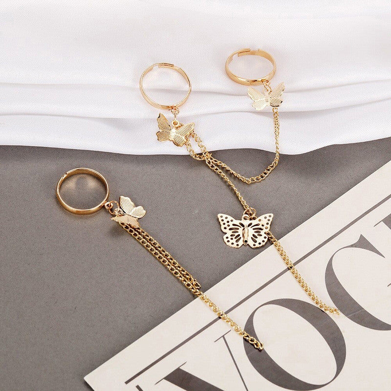 Gold Plated Gold Toned Butterfly Inspired Chain Rings Set of 2 For Women - MySmartBazaar