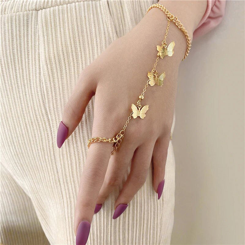 Gold Plated Butterfly inspired Contemporary Bracelet With Ring - MySmartBazaar