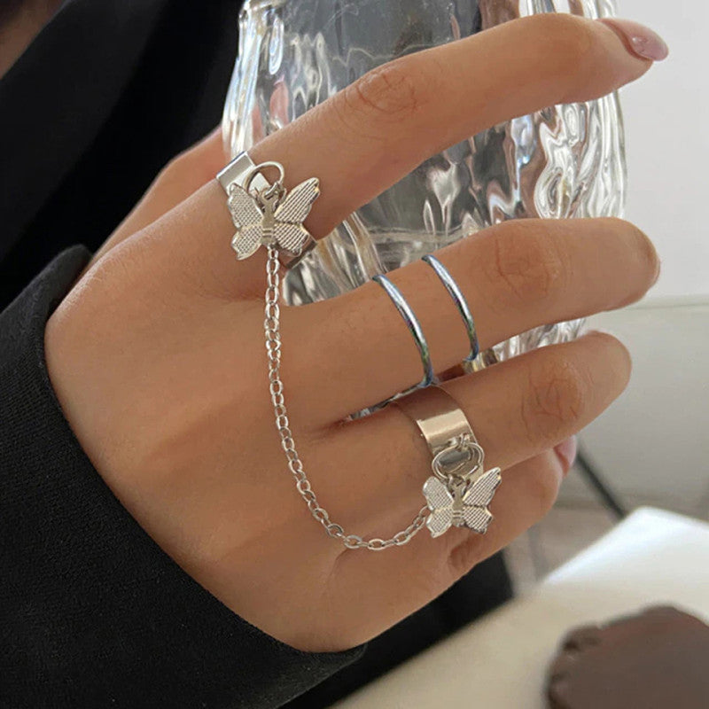 Silver Plated Butterfly Inspired Contemporary Chain Ring Set of 3 For Women - MySmartBazaar