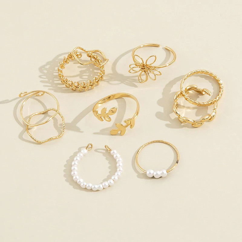 Set of 10 Gold Plated Adjustable Floral Finger Ring For Women - MySmartBazaar