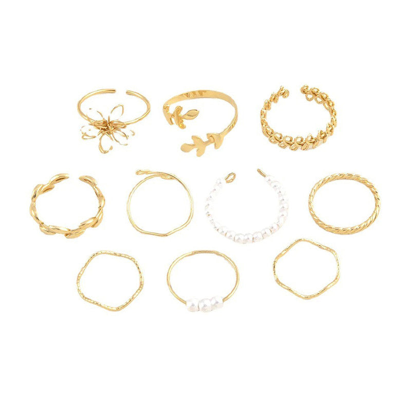 Set of 10 Gold Plated Adjustable Floral Finger Ring For Women - MySmartBazaar