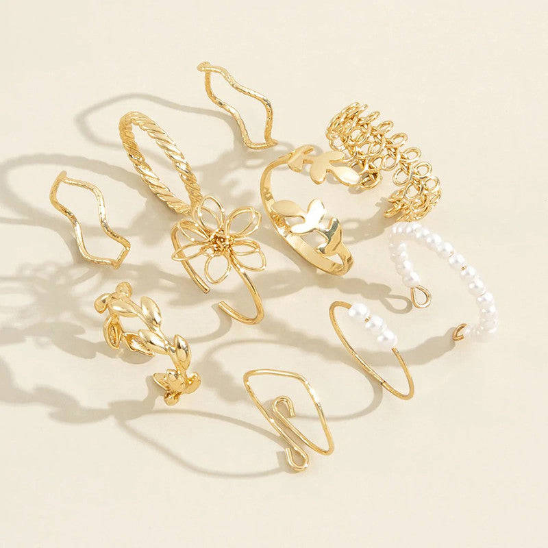 Women Set of 10 Gold Plated Adjustable Floral Finger Ring - MySmartBazaar