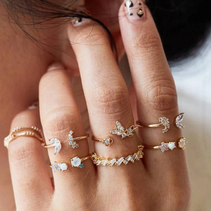 Gold Plated Stone Studded Contemporary Stackable Rings Set of 7 For Women - MySmartBazaar