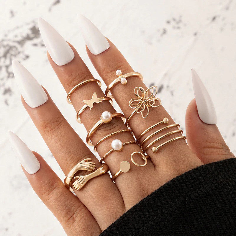 Women Set of 9 Gold Plated Adjustable Hug-Floral Finger Ring - MySmartBazaar