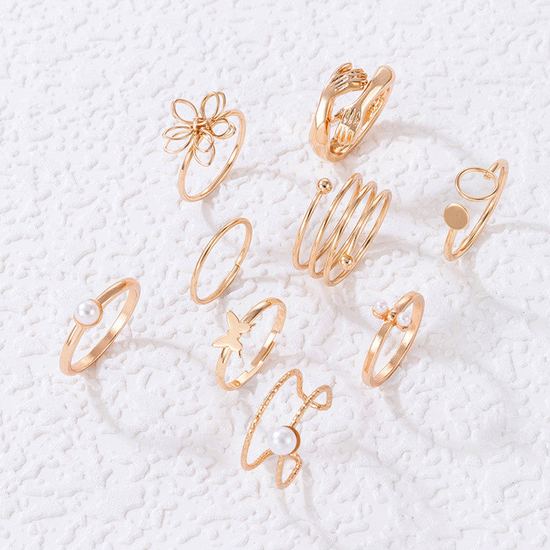 Women Set of 9 Gold Plated Adjustable Hug-Floral Finger Ring - MySmartBazaar