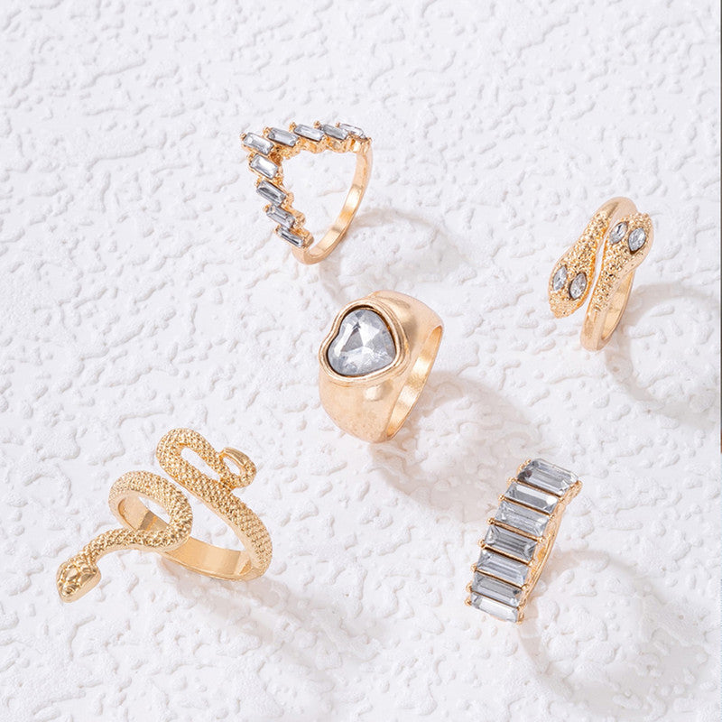 Gold Plated Gold-Toned Heart-Snake Inspired Stackable Rings Set of 5 - MySmartBazaar