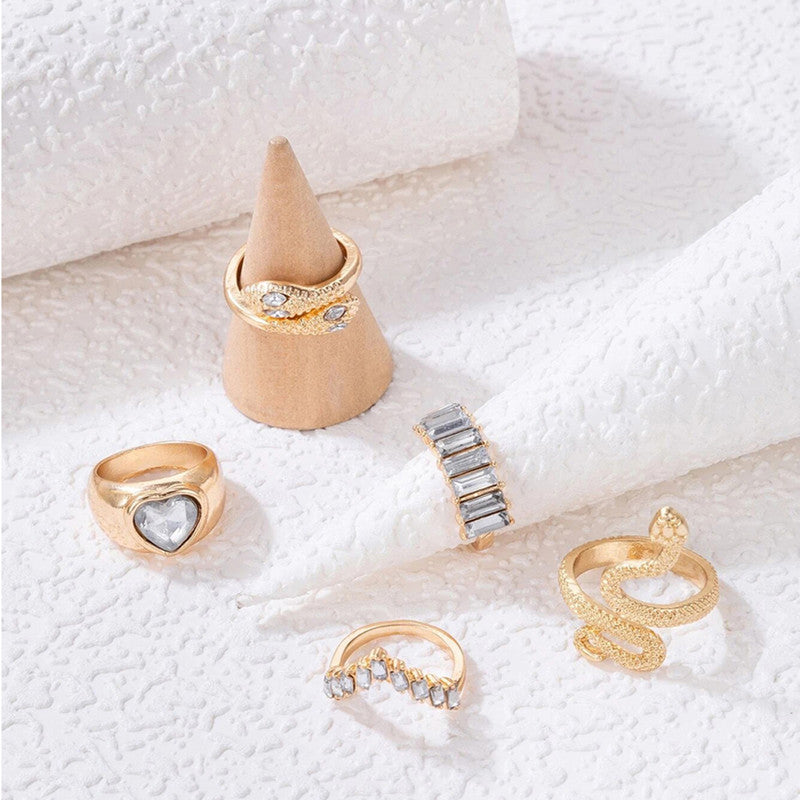 Gold Plated Gold-Toned Heart-Snake Inspired Stackable Rings Set of 5 - MySmartBazaar