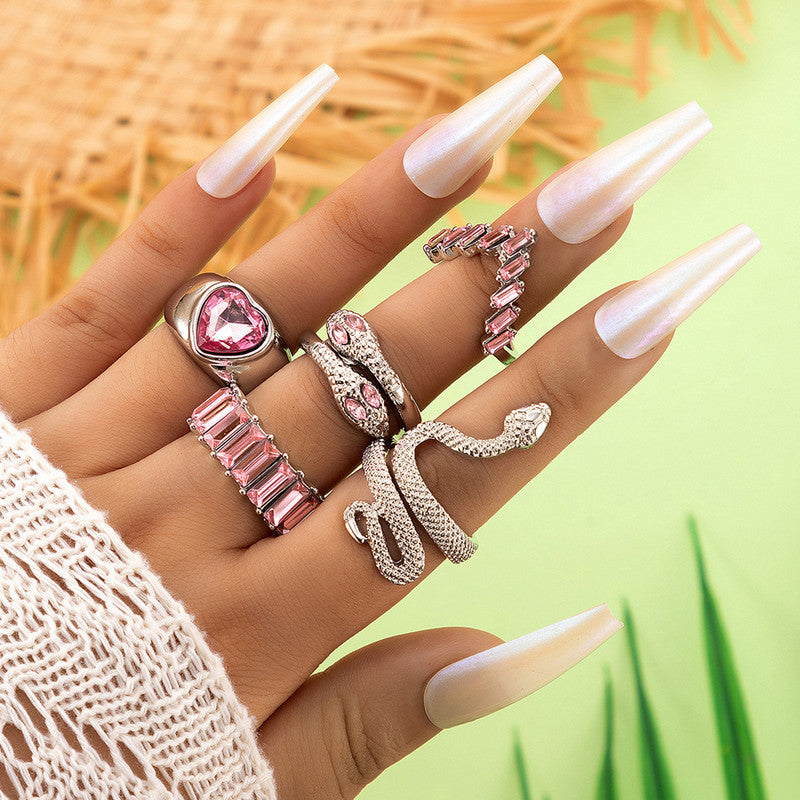 Silver Plated Pink Stone Studded Heart-Snake Inspired Stackable Rings Set of 5 - MySmartBazaar