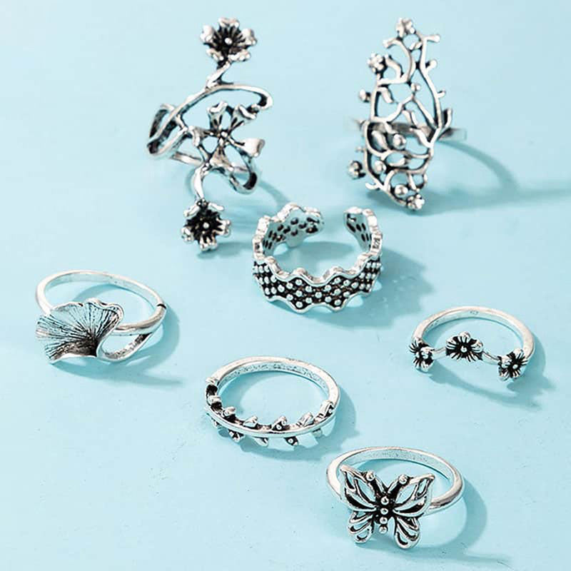 Silver Plated Floral Contemporary Stackable Rings Set of 7 - MySmartBazaar
