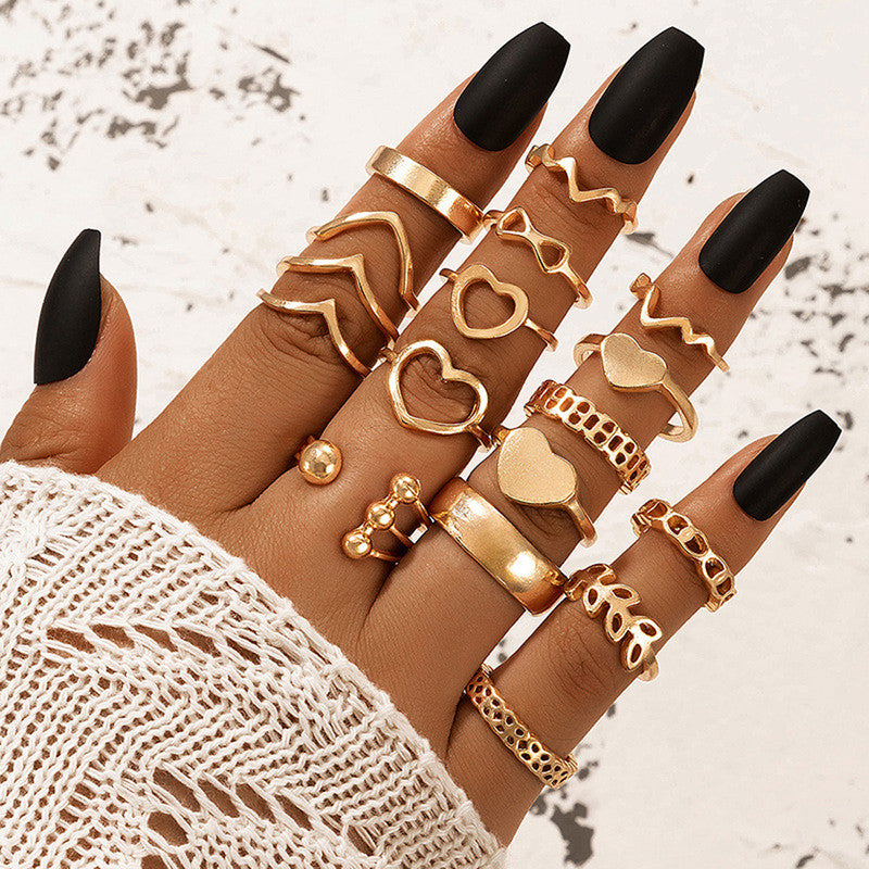 Women Gold Plated Contemporary Stackable Rings Set of 17 - MySmartBazaar