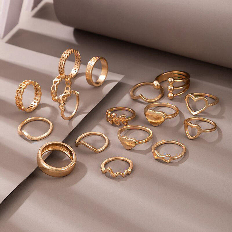 Women Gold Plated Contemporary Stackable Rings Set of 17 - MySmartBazaar