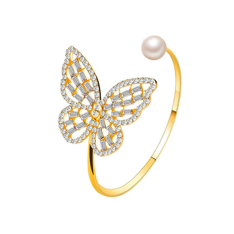 Gold Plated Butterfly inspired Stone Studded Korean Cuff Bracelet For Women and Girls - MySmartBazaar