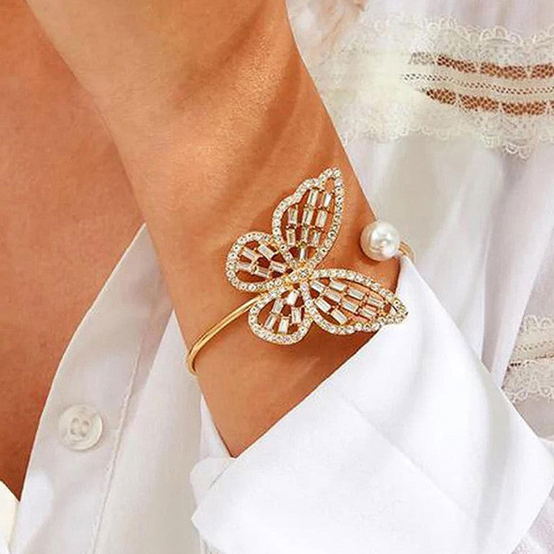 Gold Plated Butterfly inspired Stone Studded Korean Cuff Bracelet For Women and Girls - MySmartBazaar